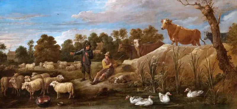 Pejzaż z dwoma pasterzami, bydłem i kaczkami - David Teniers młodszy