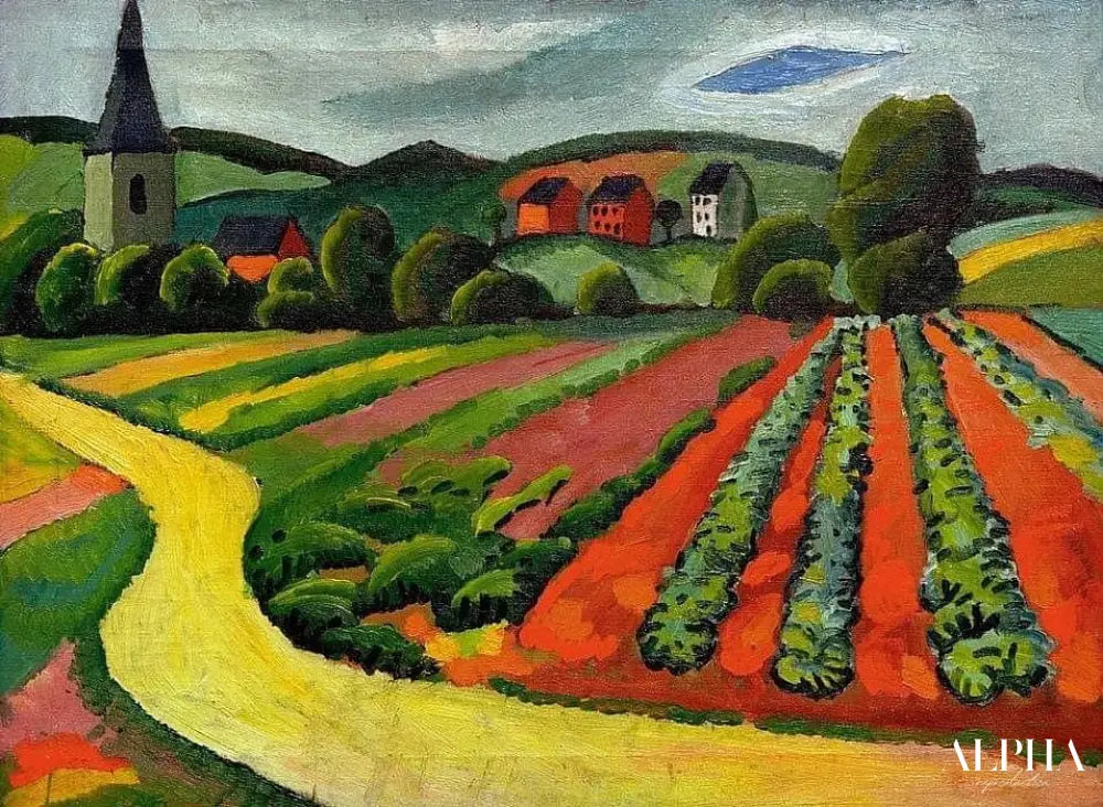 Paysage avec église et chemin - August Macke - Reproductions de tableaux et peintures haut de gamme