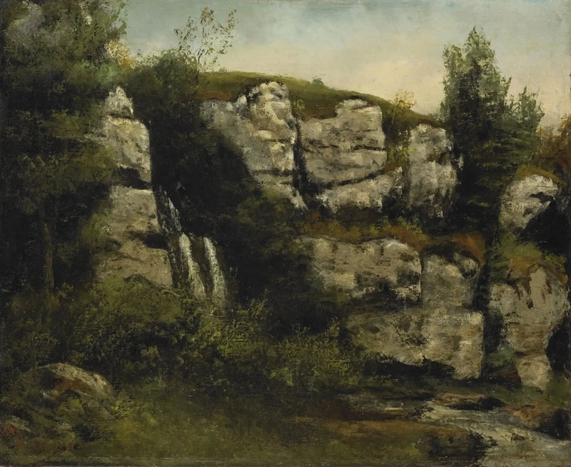 Pejzaż z klifami skalistymi i wodospadem - Gustave Courbet