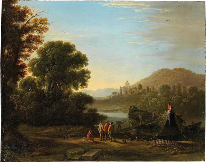 Pejzaż z postaciami załadowującymi drewno na łódź - Claude Lorrain