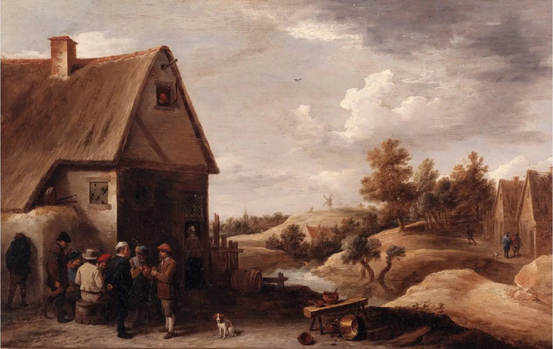 Krajobraz z postaciami przed domem z dachówką ze słomy - David Teniers młodszy