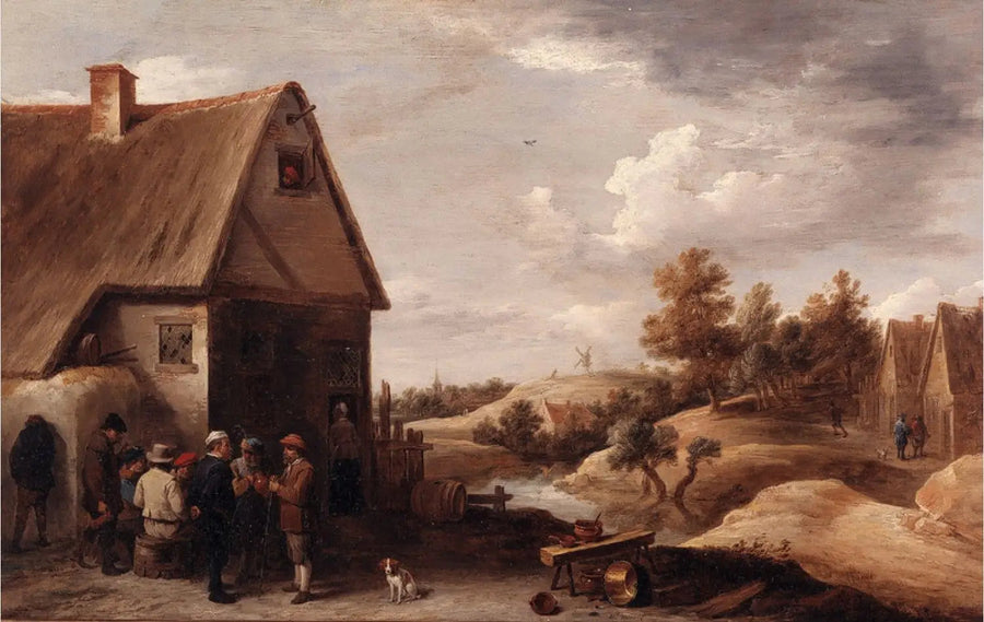 Krajobraz z postaciami przed domem z dachówką ze słomy - David Teniers młodszy