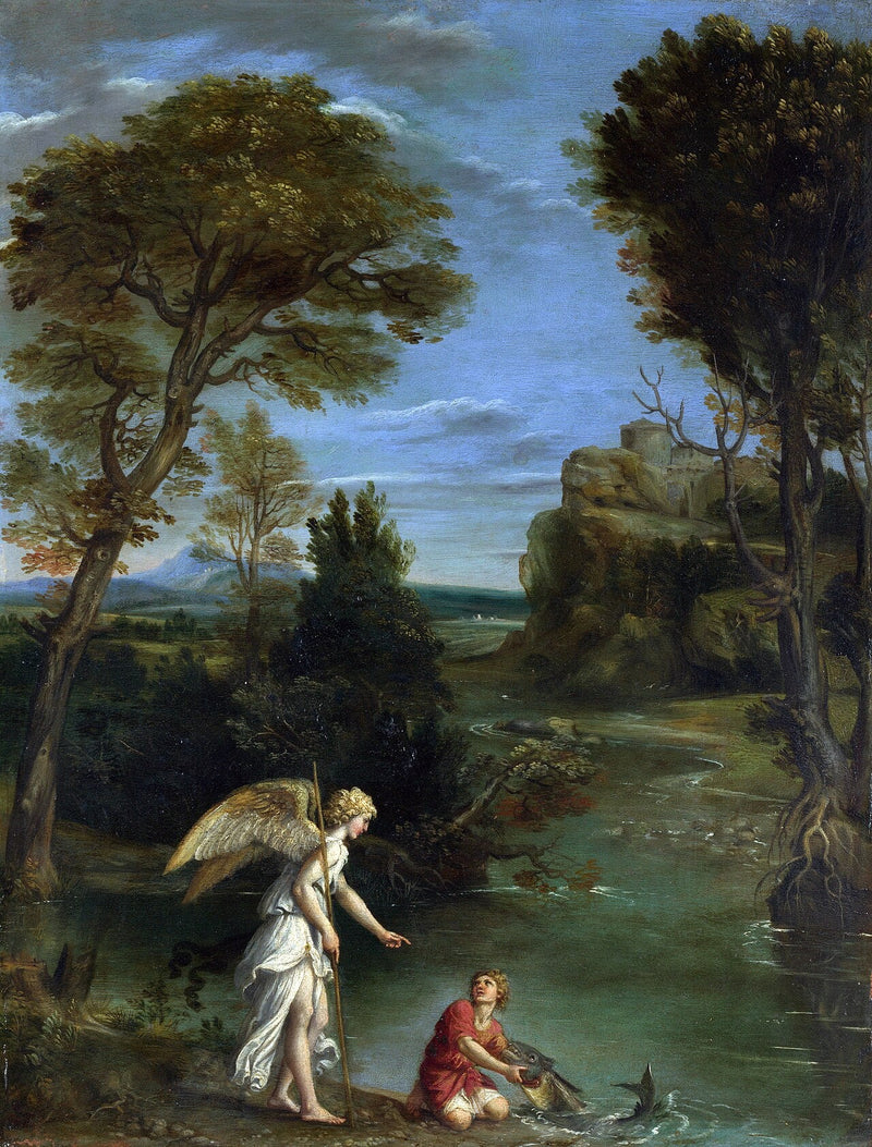 Pejzaż z Tobim łowiącym rybę - Domenichino