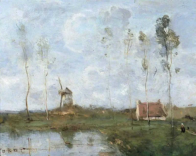 Pejzaż z chatą i wiatrakiem - Jean-Baptiste Camille Corot
