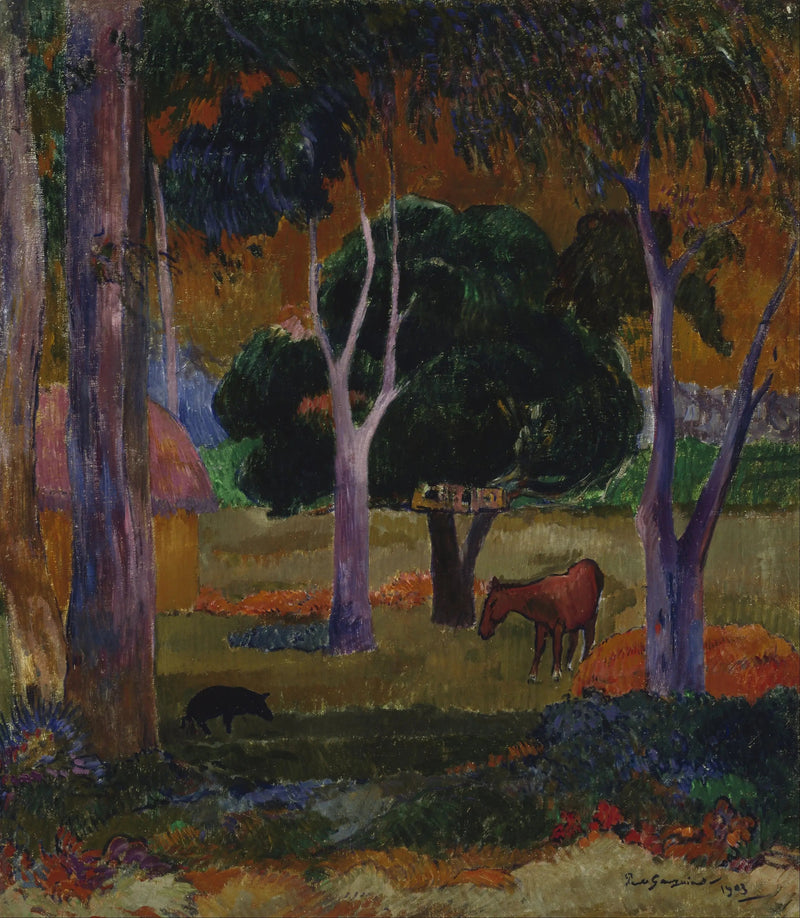 Krajobraz z świnią i koniem - Paul Gauguin