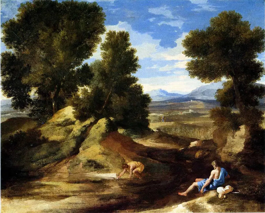 Pejzaż z mężczyzną pijącym - Nicolas Poussin