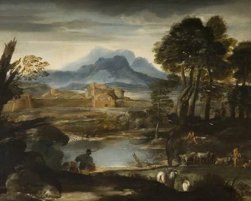 Pejzaż z jeziorem i miastem obronnym - Pietro da Cortona