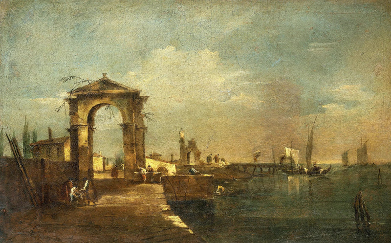 Pejzaż z nabrzeżem i łodziami na jeziorze - Francesco Guardi
