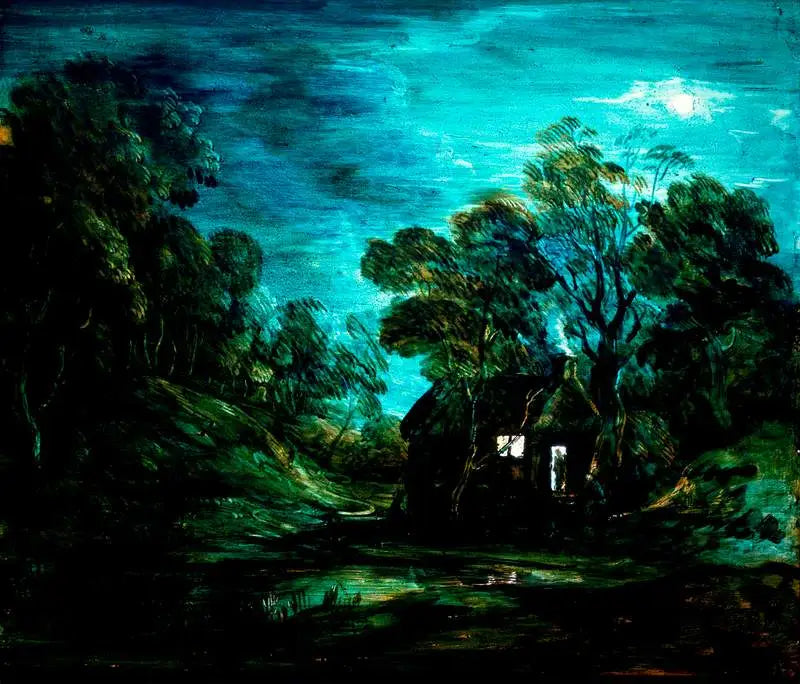 Zalesiony krajobraz przy księżycowym świetle z basenem i sylwetką przy drzwiach chaty - Thomas Gainsborough