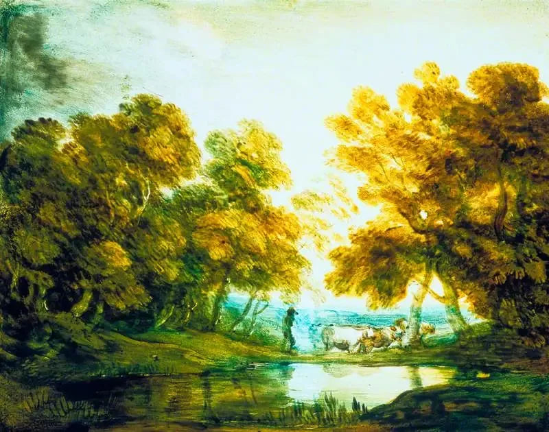Zalesiony krajobraz z pasterzem prowadzącym bydło - Thomas Gainsborough