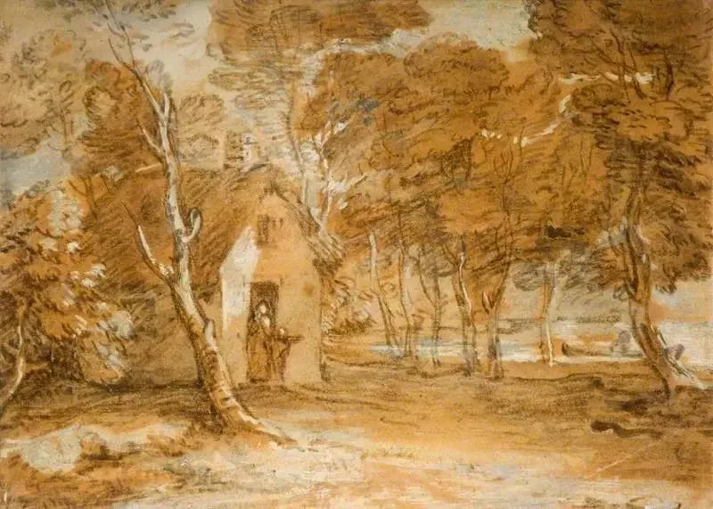 Zalesiony krajobraz z chatą, postaciami i łodzią na jeziorze - Thomas Gainsborough