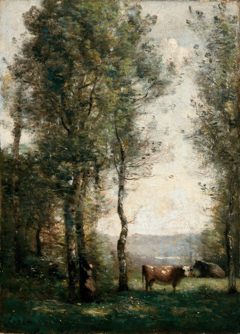 Zalesiony krajobraz z krowami na polanie - Jean-Baptiste Camille Corot