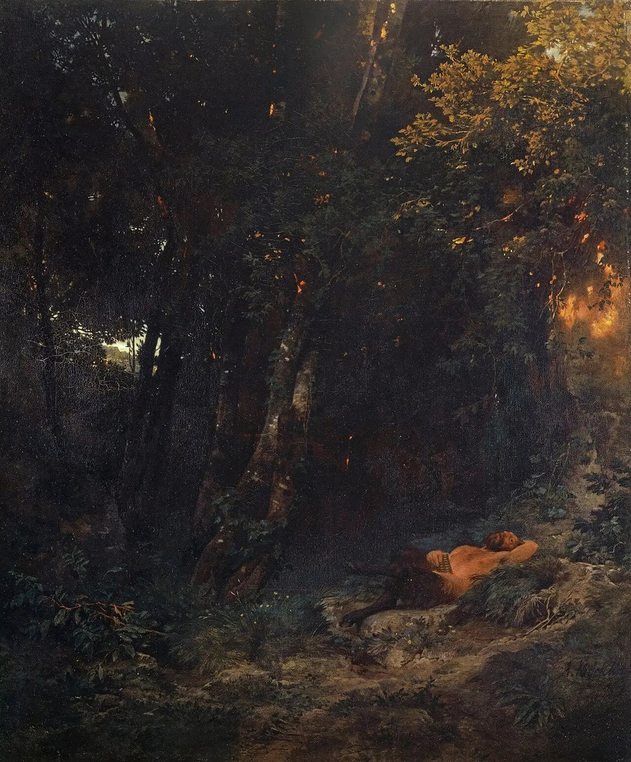 Zalesiony krajobraz z odpoczywającym Panem - Arnold Böcklin