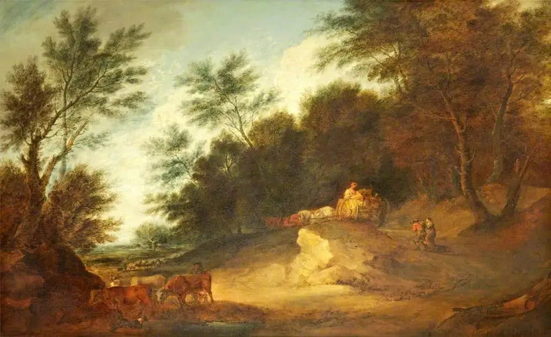 Zalesiony krajobraz z postaciami w wozie wiejskim i bydłem - Thomas Gainsborough