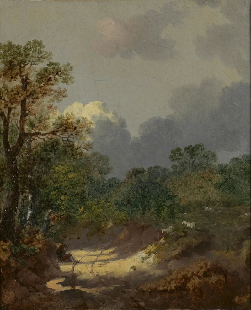 Zalesiony krajobraz z pasterzem odpoczywającym na słonecznej drodze z owcami - Thomas Gainsborough