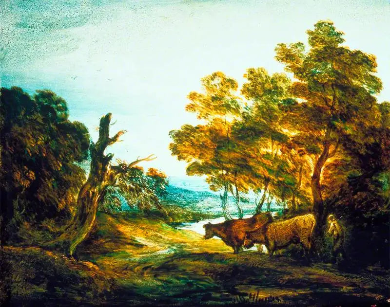 Zalesiony krajobraz z pastuszkiem i dwoma krowami - Thomas Gainsborough