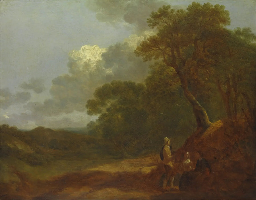 Zalesiony krajobraz z mężczyzną rozmawiającym z dwoma siedzącymi kobietami - Thomas Gainsborough