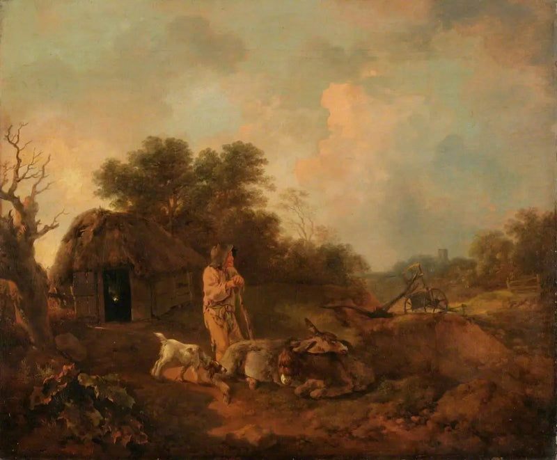Zalesiony krajobraz z starożytnym chłopem i osiołkami na zewnątrz stodoły, pług i kościół w oddali - Thomas Gainsborough