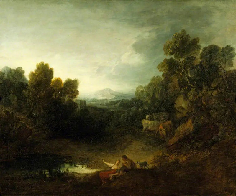 Górzysty krajobraz z drzewami i rustykalnymi kochankami nad brzegiem basenu - Thomas Gainsborough