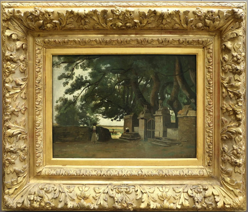 Pejzaż bretoński. Siatka zacieniona przez duże drzewa - Jean-Baptiste Camille Corot