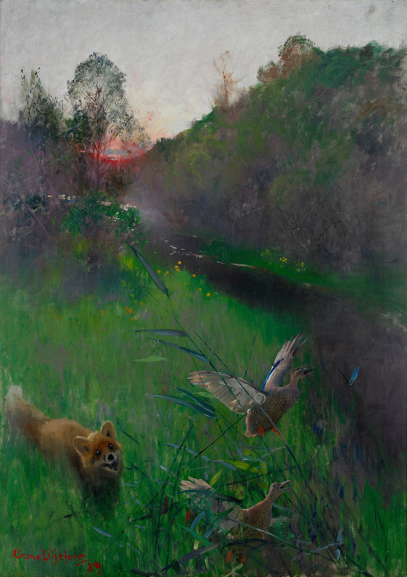 Paysage d'après-midi avec renard et oiseaux marins - Bruno Liljefors