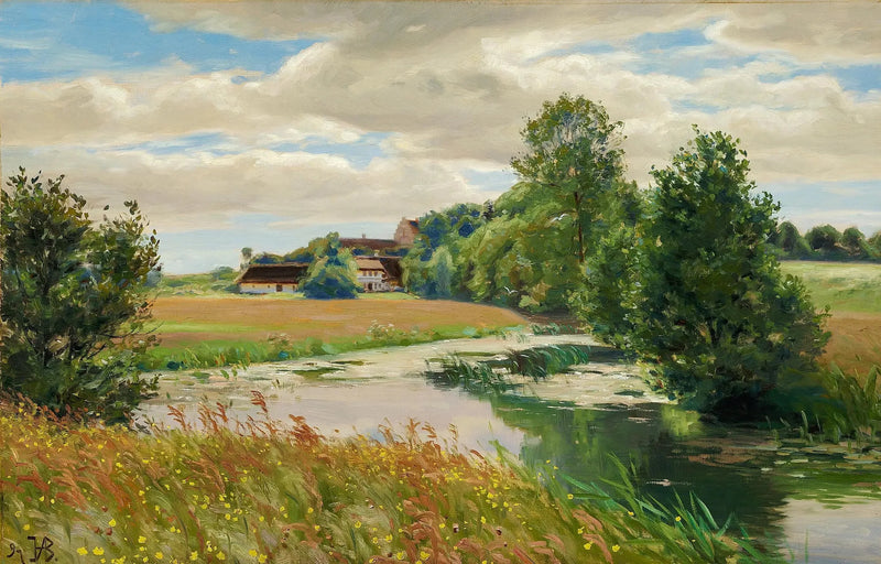 Letni pejzaż nad rzeką w pobliżu kościoła. - H. A. Brendekilde