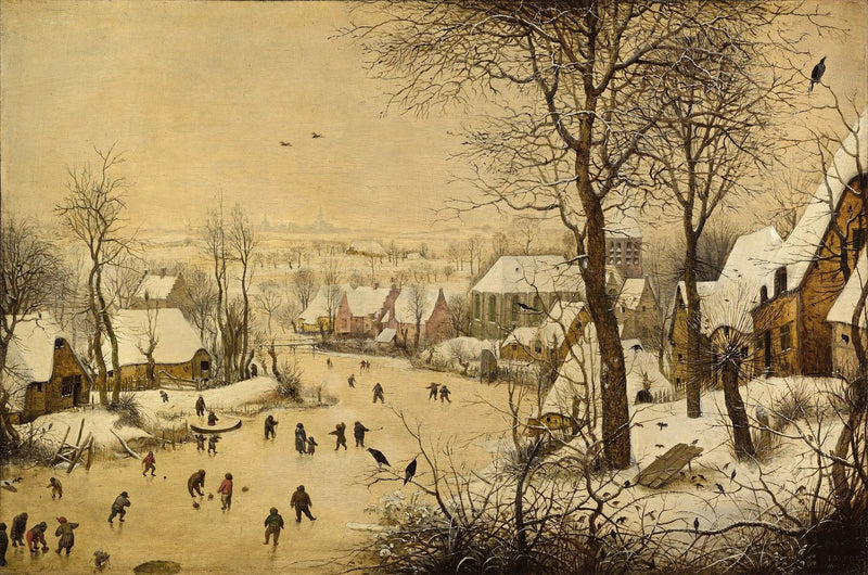 Zimowy pejzaż z łyżwiarzami i pułapką na ptaki - Pieter Brueghel Starszy