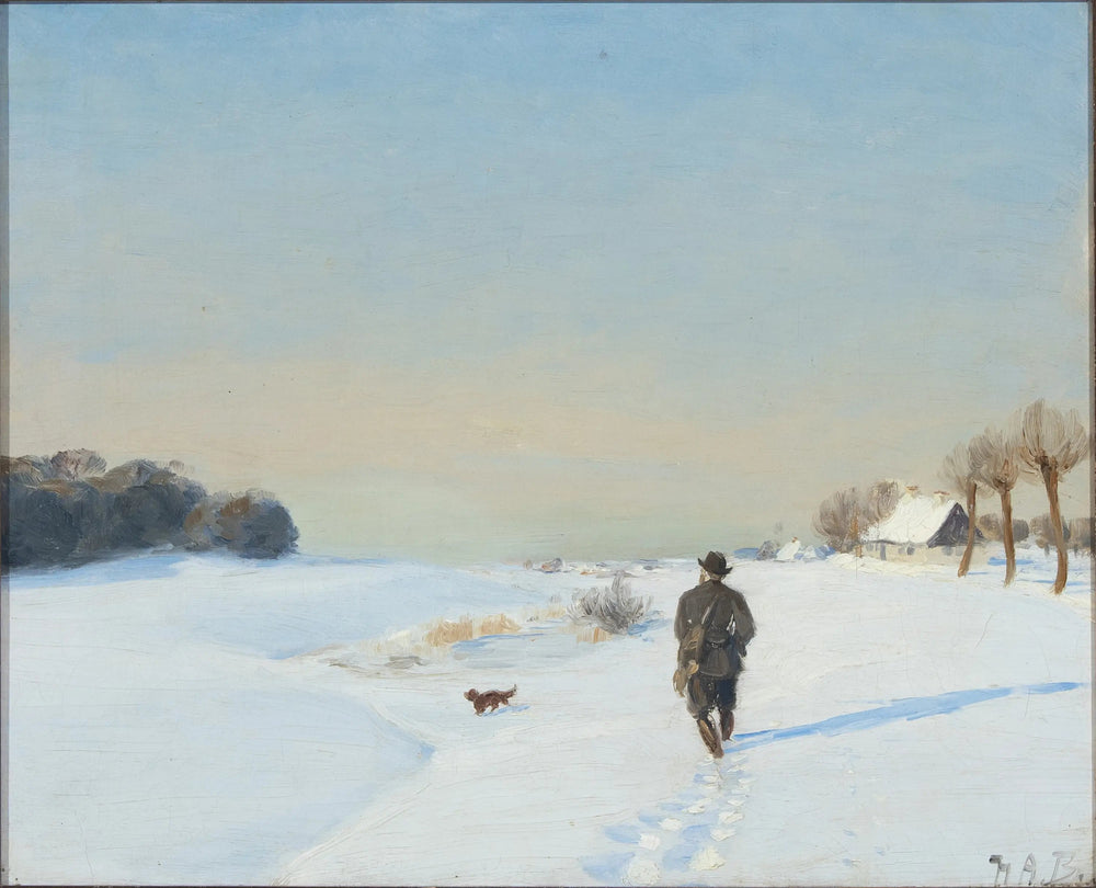 Paysage d’hiver avec un chasseur et son chien par une journée ensoleillée - H. A. Brendekilde - Alpha Reproduction