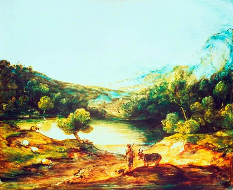 Pejzaż wysokogórski z lasami, pasterzem, osłem i rozproszonymi owcami, jeziorem, wioską oraz wzgórzami w oddali - Thomas Gainsborough