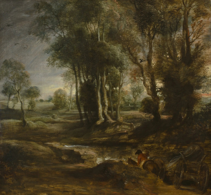 Wieczorny pejzaż z wozem na drewno - Peter Paul Rubens