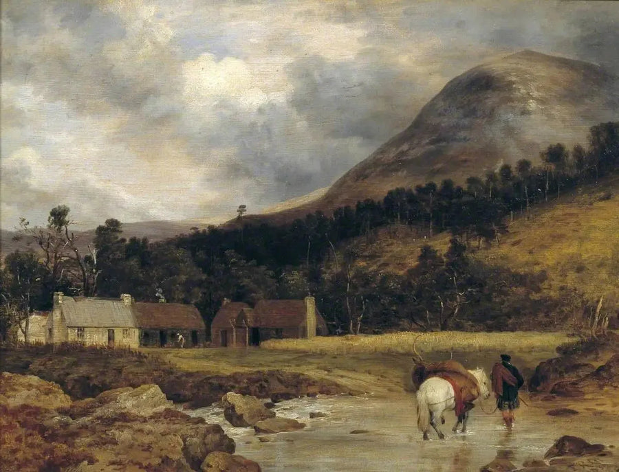 Szkocki pejzaż: Przybycie jelenia (postacie i zwierzęta Sir E. Landseera) - Edwin Henry Landseer