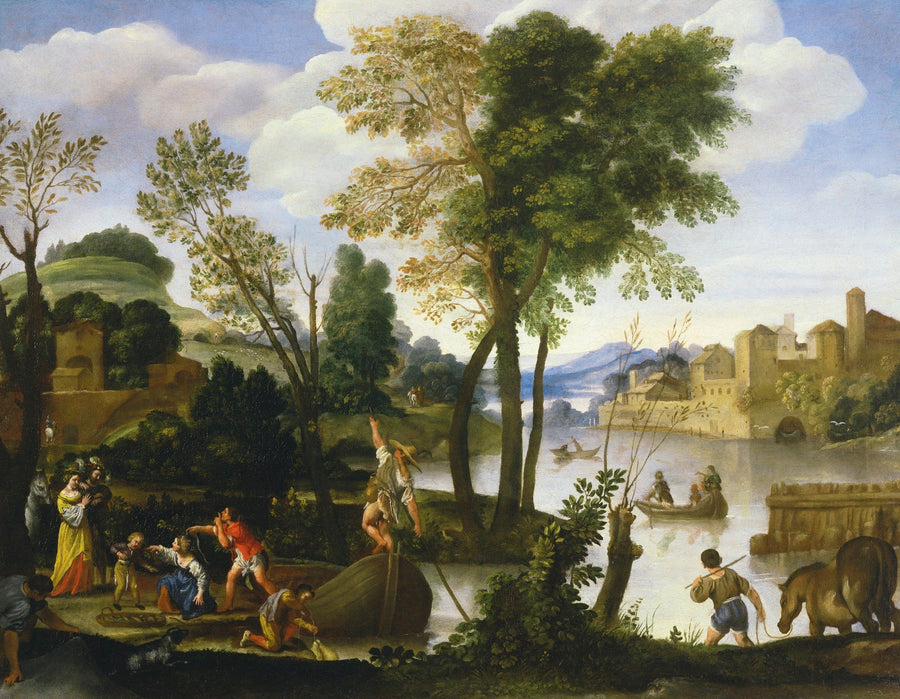 Pejzaż rzeczny z łodziarzami i rybakami, elegancka para spacerująca nad brzegiem rzeki - Domenichino