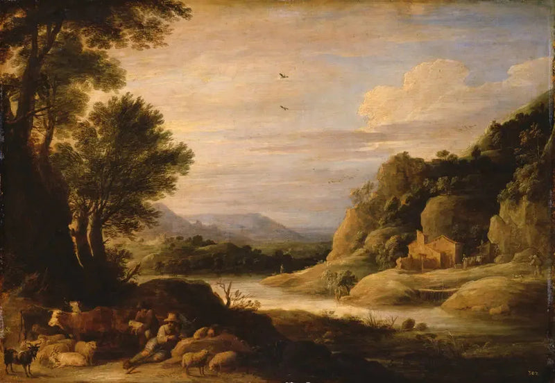 Pejzaż rzeczny z pasterzami i stadem w spoczynku - David Teniers Młodszy