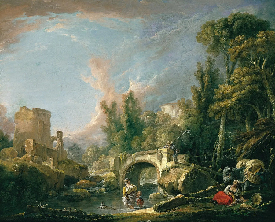 Pejzaż rzeczny z ruiną i mostem - François Boucher