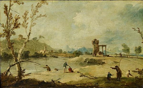 Pejzaż rzeczny z ruiną wieży i odległą wioską - Francesco Guardi