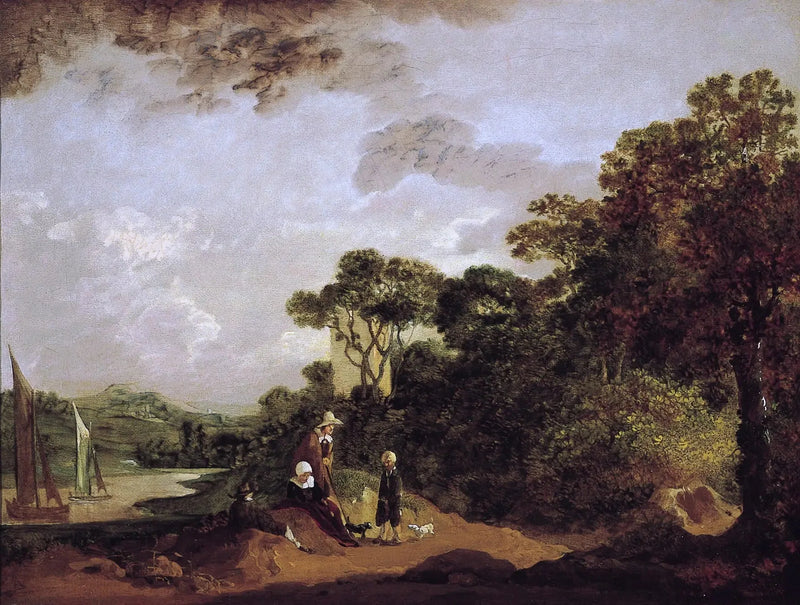 Widok na rzekę z drzewami, z rolnikami odpoczywającymi i dzwonnicą kościoła - Thomas Gainsborough