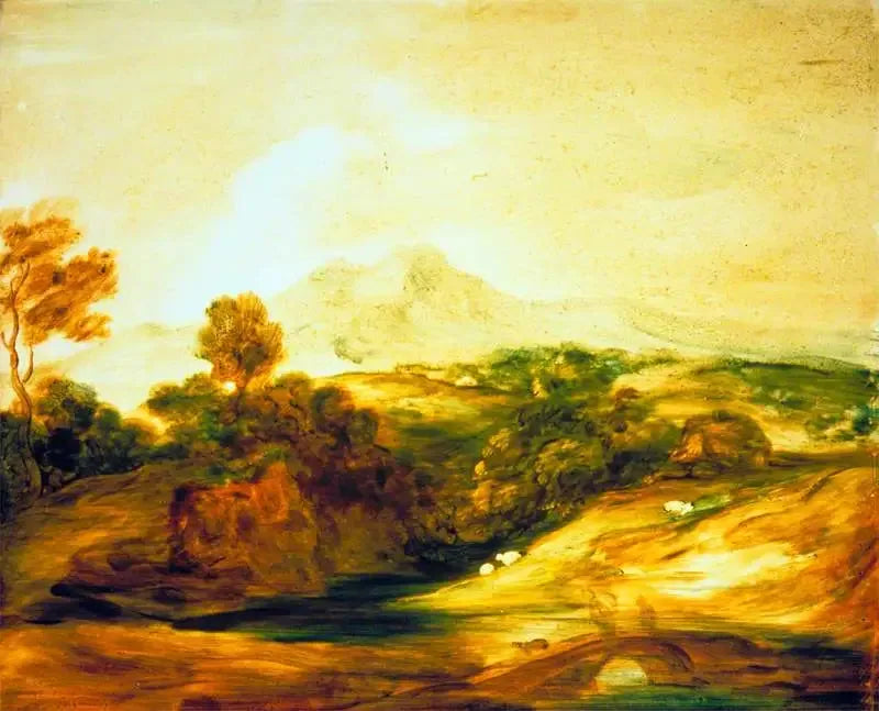 Krajobraz rzeki z drzewami i postaciami na moście, chatką, owcami i odległymi górami - Thomas Gainsborough