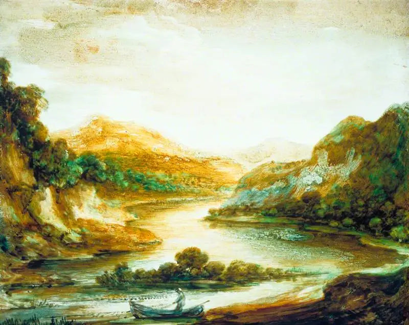 Widok na rzekę z drzewami i rybakiem w łodzi, wysokie brzegi i odległe góry - Thomas Gainsborough