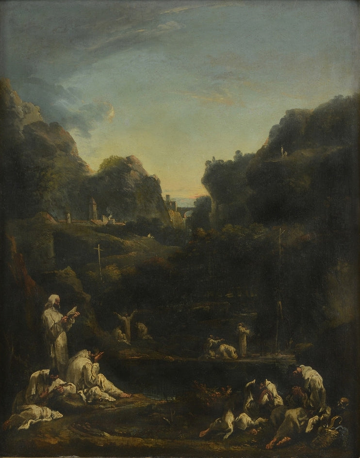 Górski krajobraz z grupami mnichów - Sebastiano Ricci