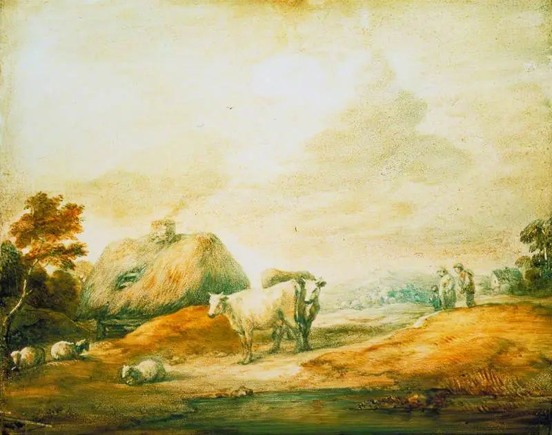 Otwarte krajobrazy z rolnikami, krowami, owcami, chatami i basenem - Thomas Gainsborough