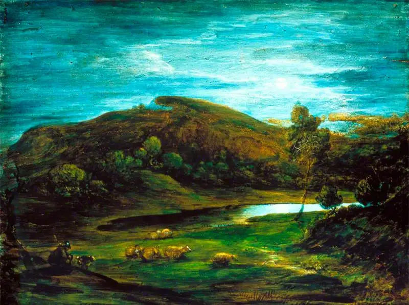 Otwarte krajobrazy z pasterzem, owcami, basenem i odległymi wzgórzami - Thomas Gainsborough