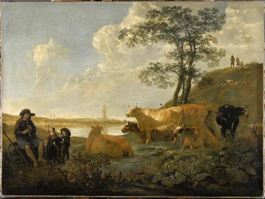 Paysage près de la ville de Rhenen : vaches au pâturage et berger jouant de la flûte - Aelbert Cuyp