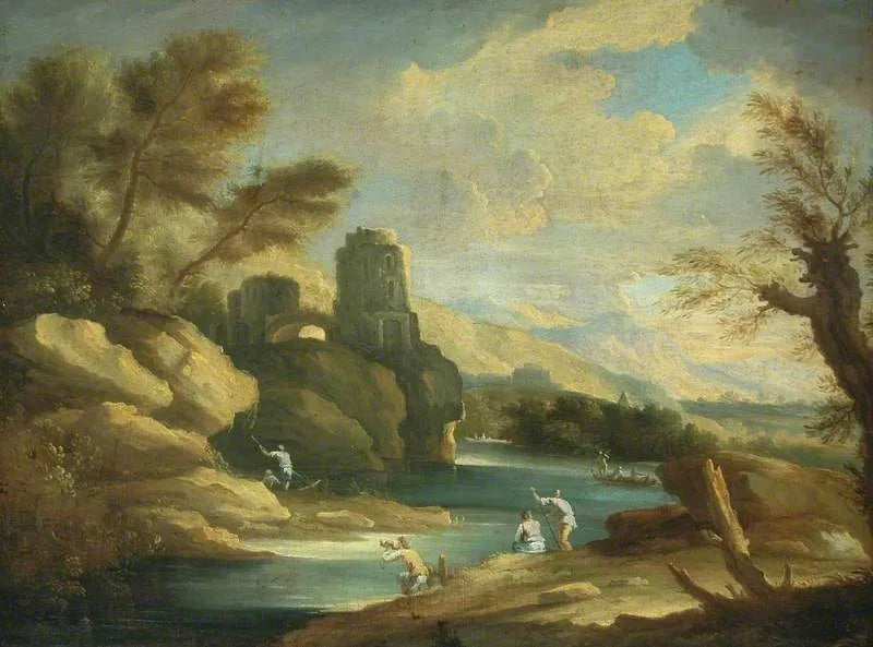 Paysage rocheux avec rivière, ruines et personnages - Salvator Rosa image 1 copie de tableau peinte à la main