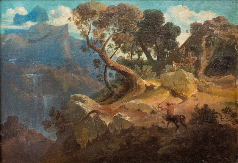 Krajobraz skalny z centaurem w pogoni - Arnold Böcklin
