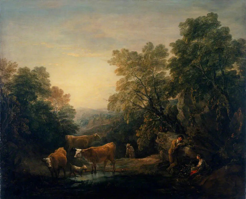 Krajobraz skalisty i zalesiony z rustykalnymi kochankami, pastorem i krowami - Thomas Gainsborough
