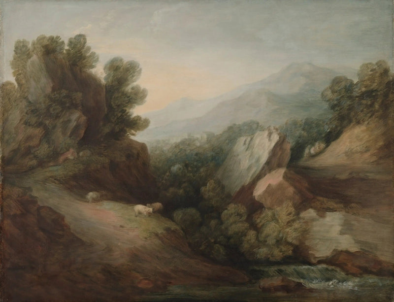 Krajobraz skalisty i zalesiony z doliną i zaporą - Thomas Gainsborough