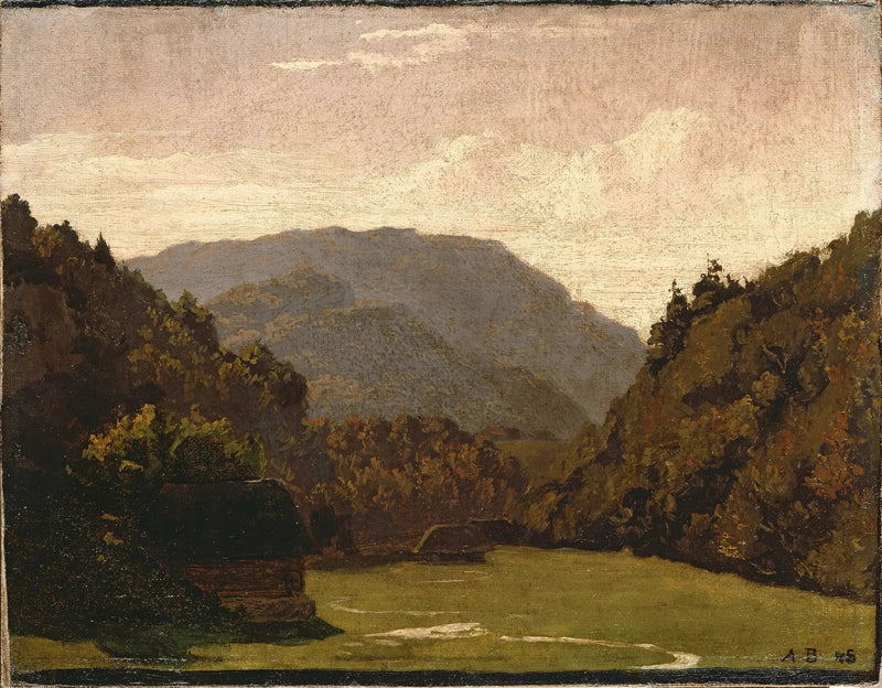 Pagórkowaty krajobraz z chatkami z bali i strumieniem na równinie - Arnold Böcklin