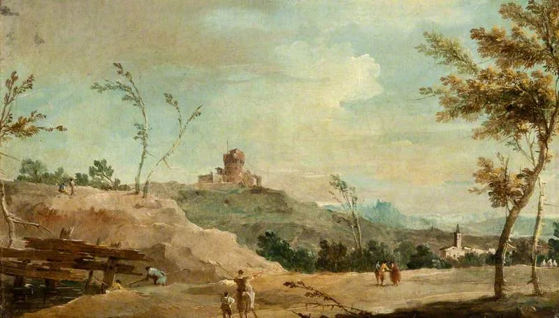 Pagórkowaty krajobraz z ruinami wieży - Francesco Guardi