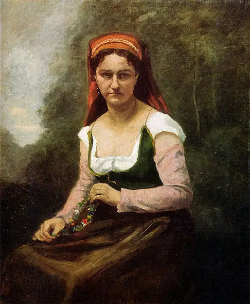 Siedząca wieśniaczka w zieleni, trzymająca girlandę kwiatów - Jean-Baptiste Camille Corot