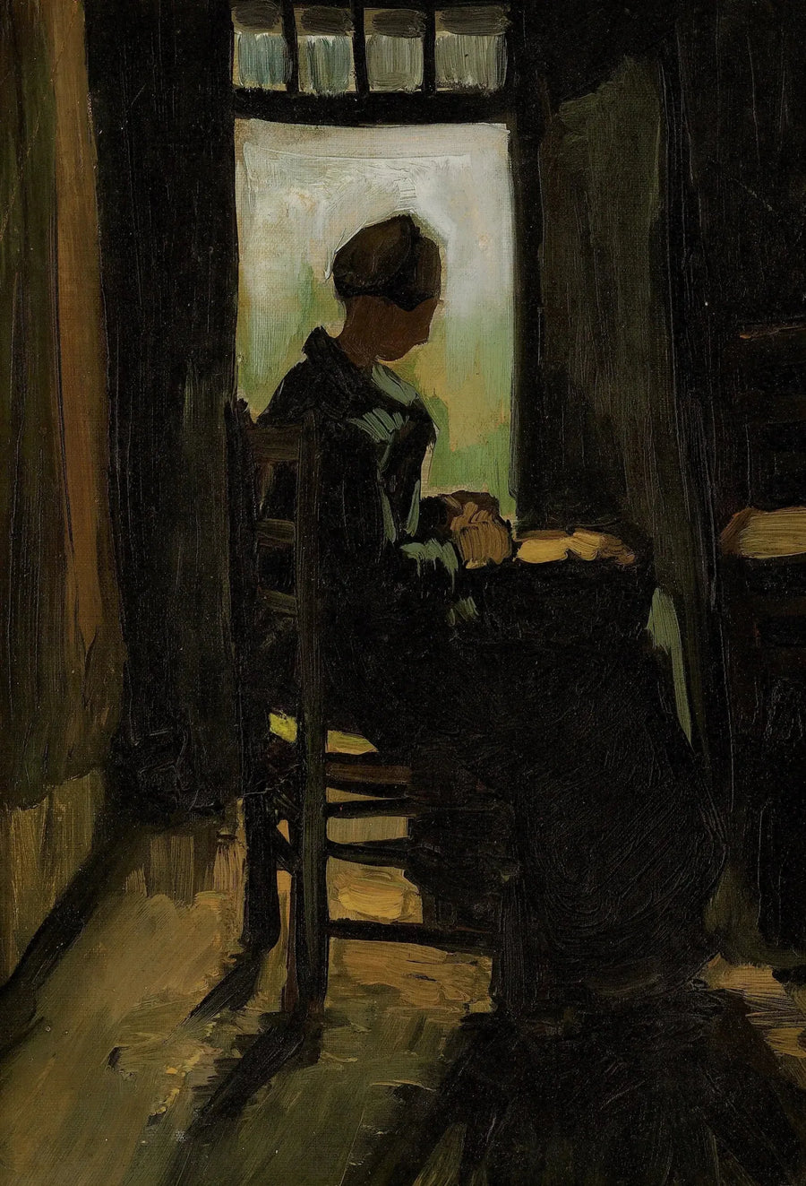 Chłopka siedząca przed otwartymi drzwiami, obierająca ziemniaki - Vincent van Gogh